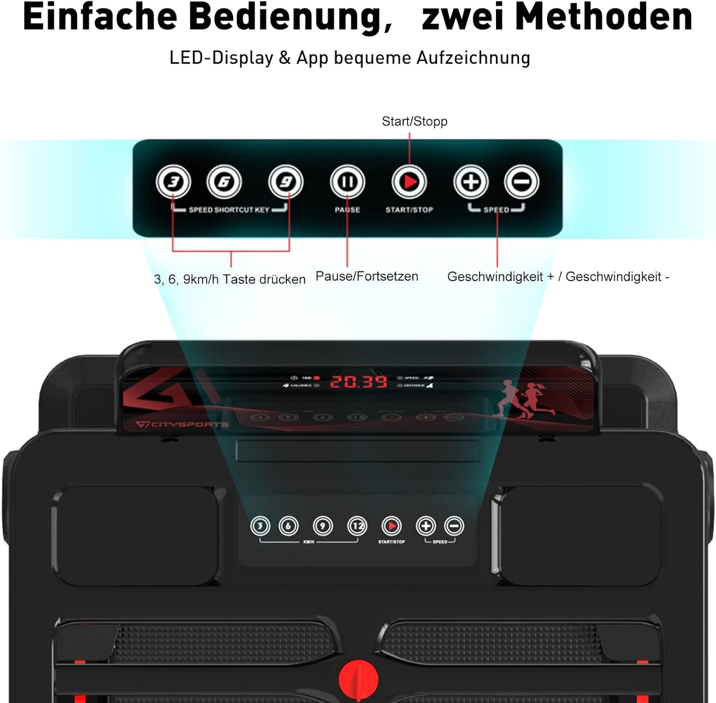 CITYSPORTS Electric Treadmill, Folding Treadmill for Home up to 12 km/h, with LED Display, App and 360° Tablet Holder, Compact Walking Pad for Home and Office