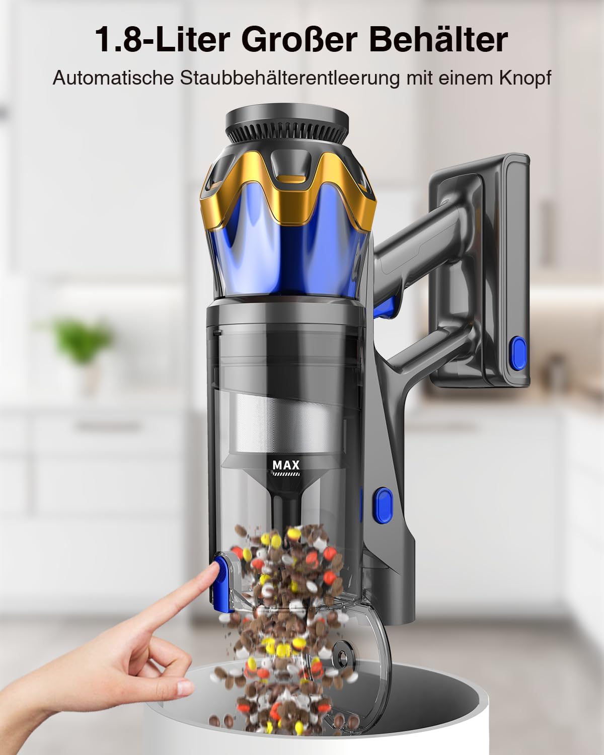 Battery Vacuum Cleaner 45000 Pa/550 W/65 Min, 1.6 L Wireless Vacuum Cleaner with Display, Anti-Tangle Brush, Self-Standing, Wall Charging Station, 8-Layer Filtration, Ultra Quiet, for Pet Hair/Carpets