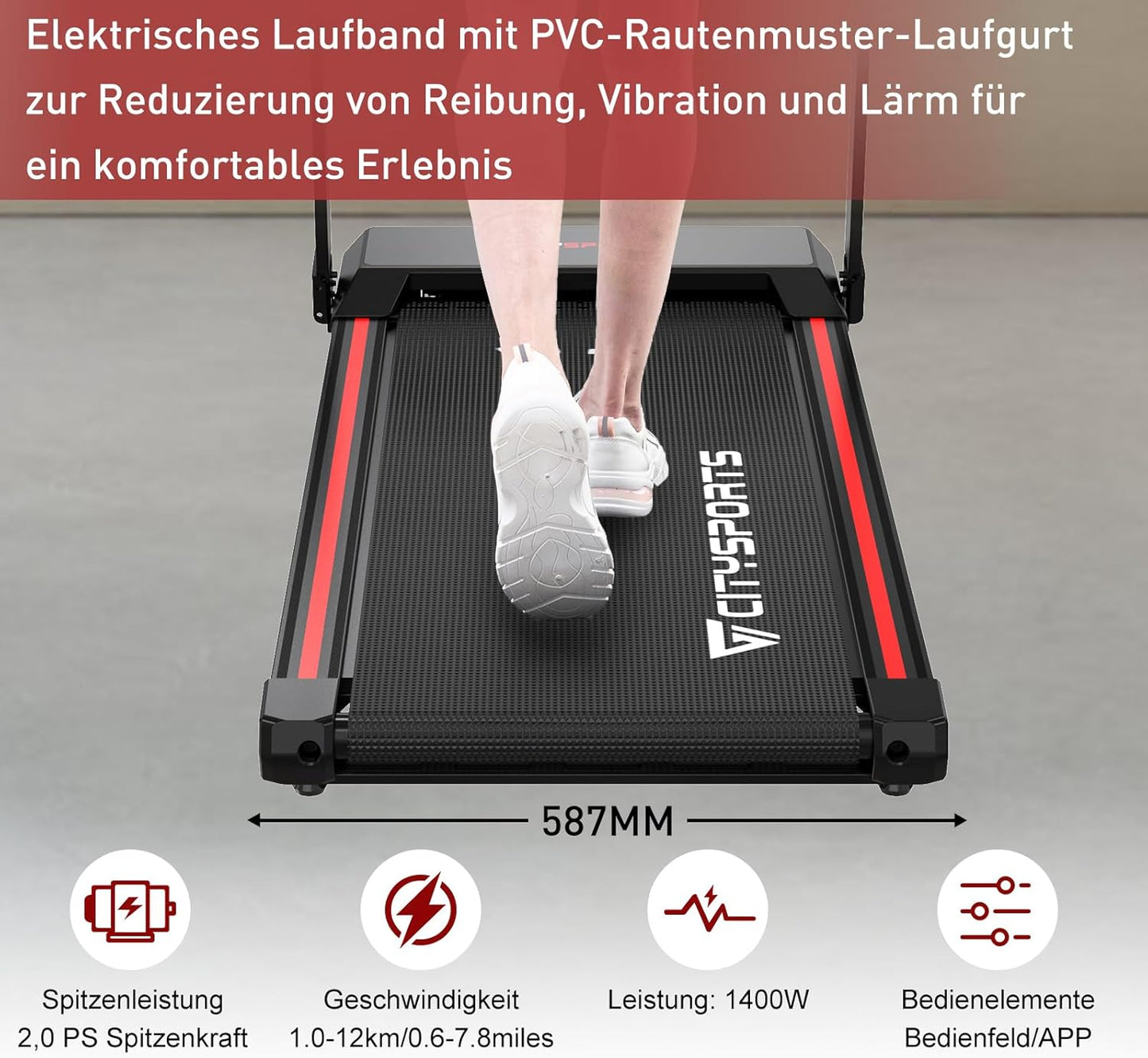 CITYSPORTS Electric Treadmill, Folding Treadmill for Home up to 12 km/h, with LED Display, App and 360° Tablet Holder, Compact Walking Pad for Home and Office