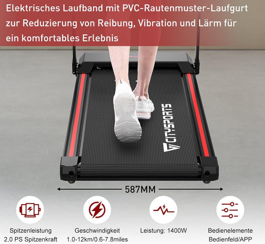CITYSPORTS Electric Treadmill, Folding Treadmill for Home up to 12 km/h, with LED Display, App and 360° Tablet Holder, Compact Walking Pad for Home and Office